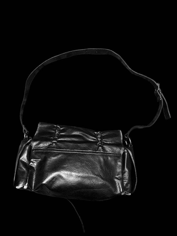 Distressed Black Leather Lace-Up Crossbody Bag