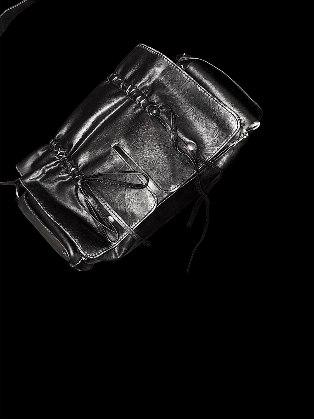 Distressed Black Leather Lace-Up Crossbody Bag