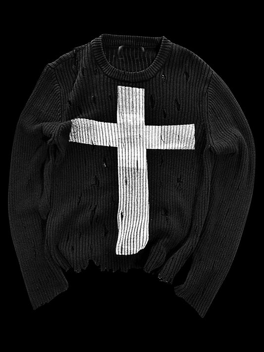 Cropped + Distressed “Cross” Sweater