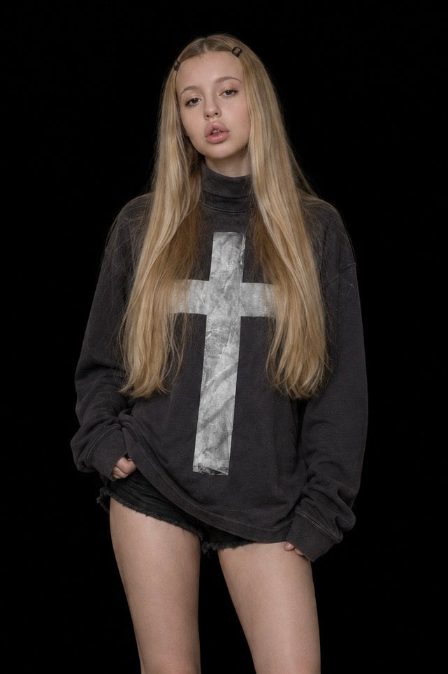 Gothic Cross Washed Turtleneck