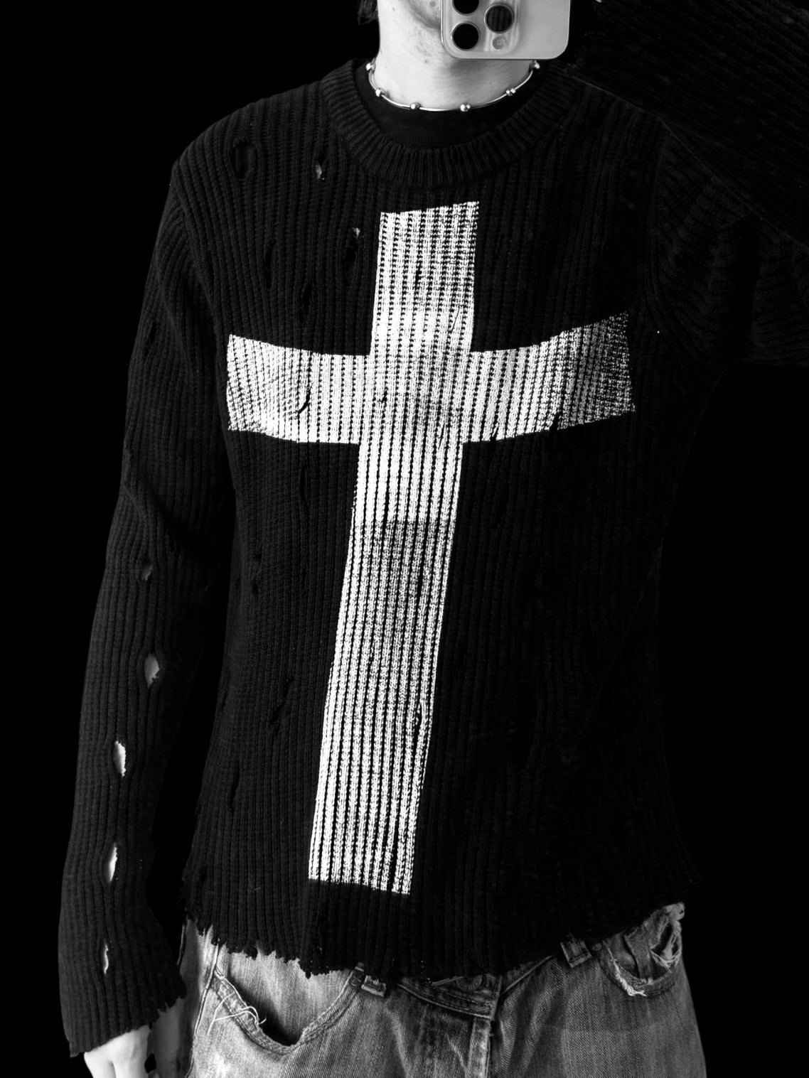 Cropped + Distressed “Cross” Sweater