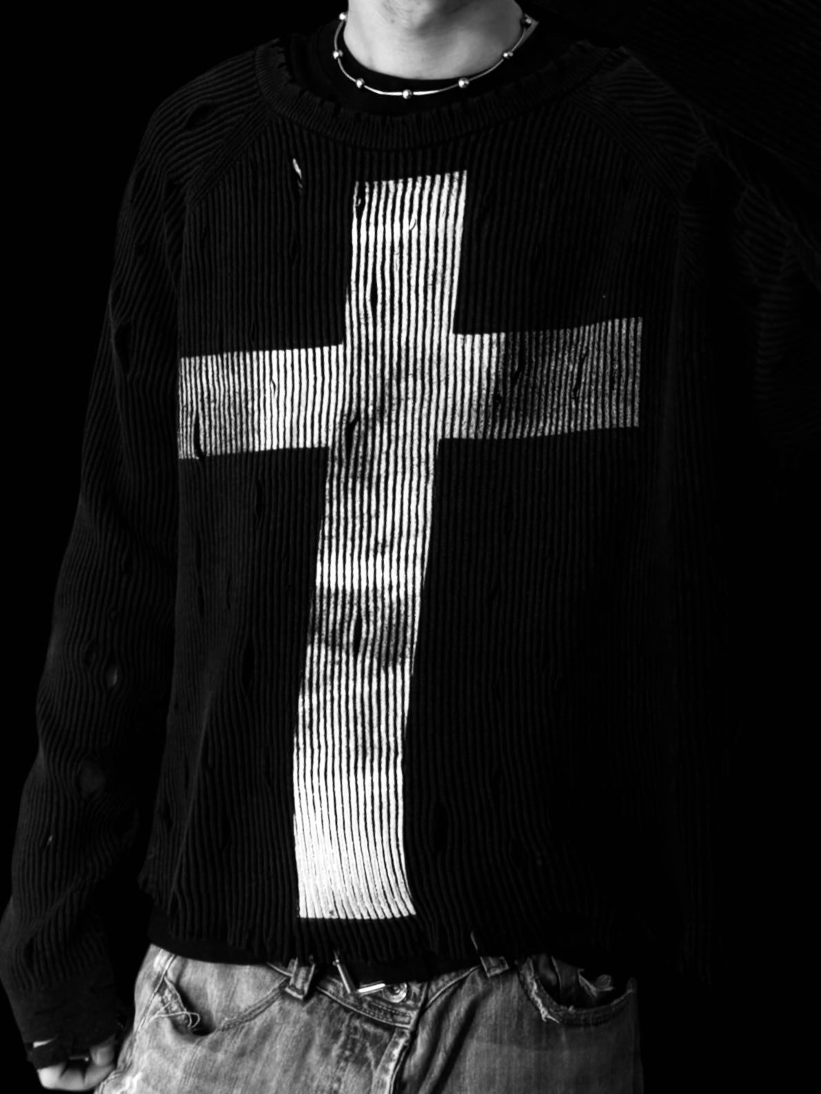 Cropped + Distressed + Oversize “Cross” Sweater