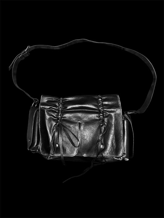 Distressed Black Leather Lace-Up Crossbody Bag